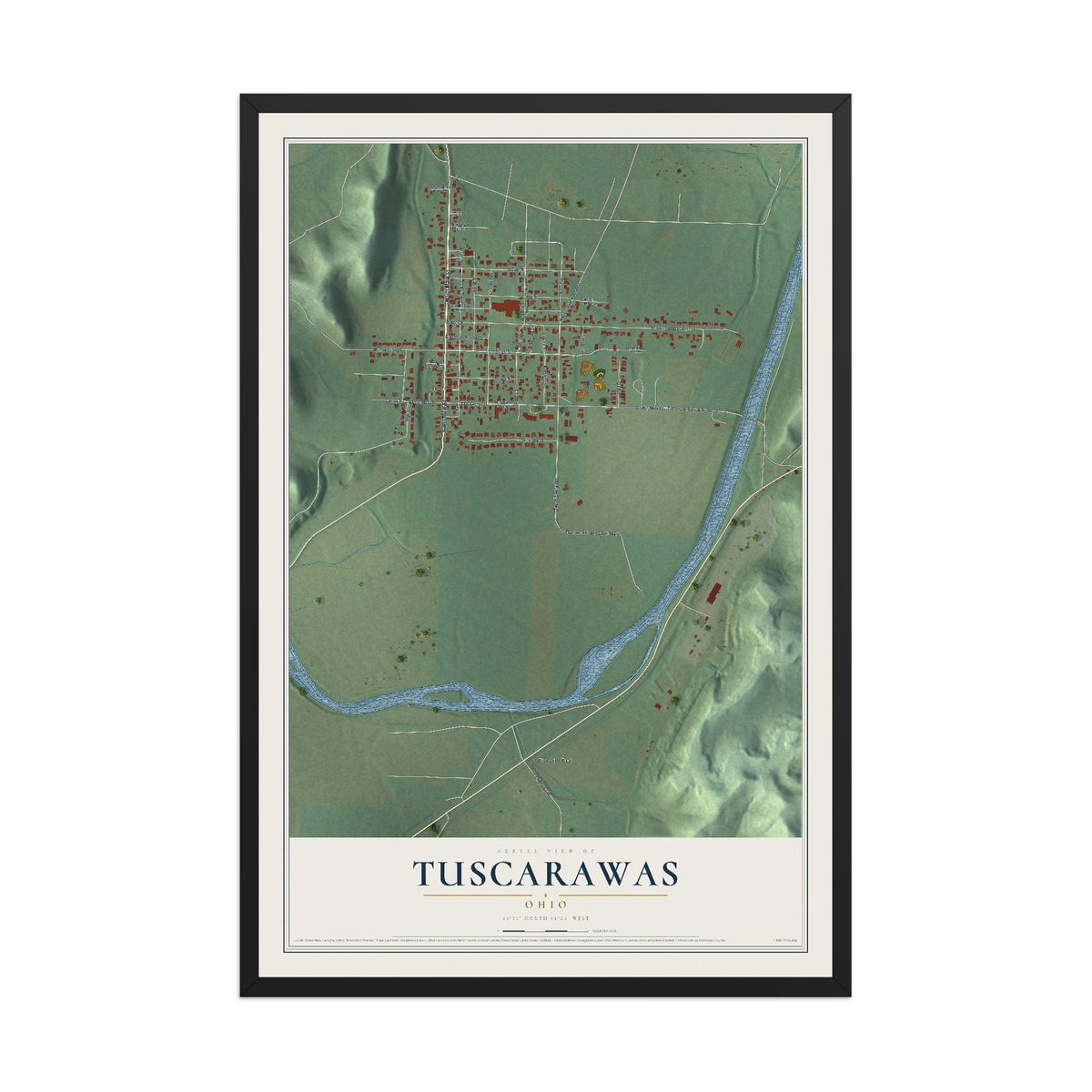 Map of Tuscarawas, Ohio, 12 x 18 inch print in a black wood frame