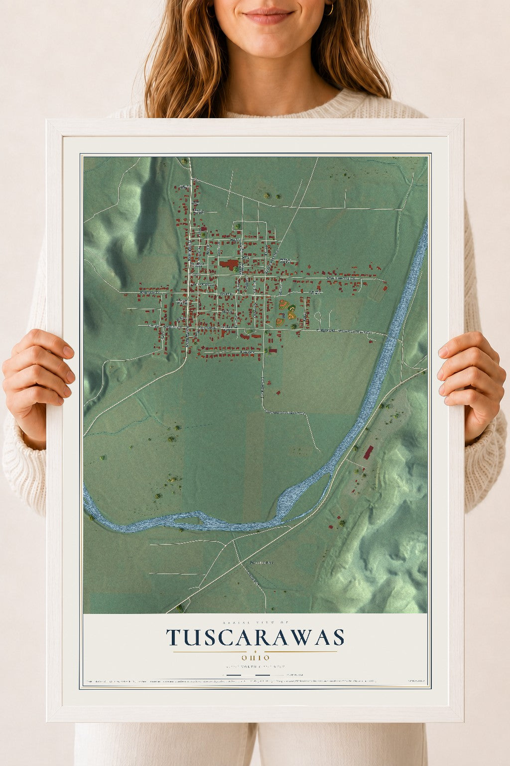 Map of Tuscarawas, Ohio, 18 x 24 inch print in a white wood frame