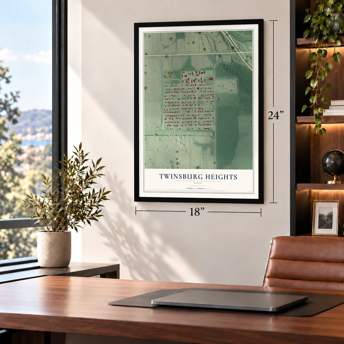 Twinsburg Heights, Ohio map, 18 x 24 inch print in a black frame in a home office