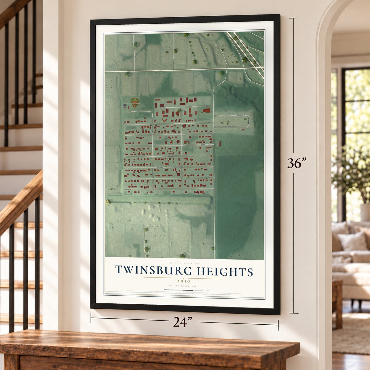 Twinsburg Heights, Ohio map, 24 x 36 inch print in a black frame by a staircase