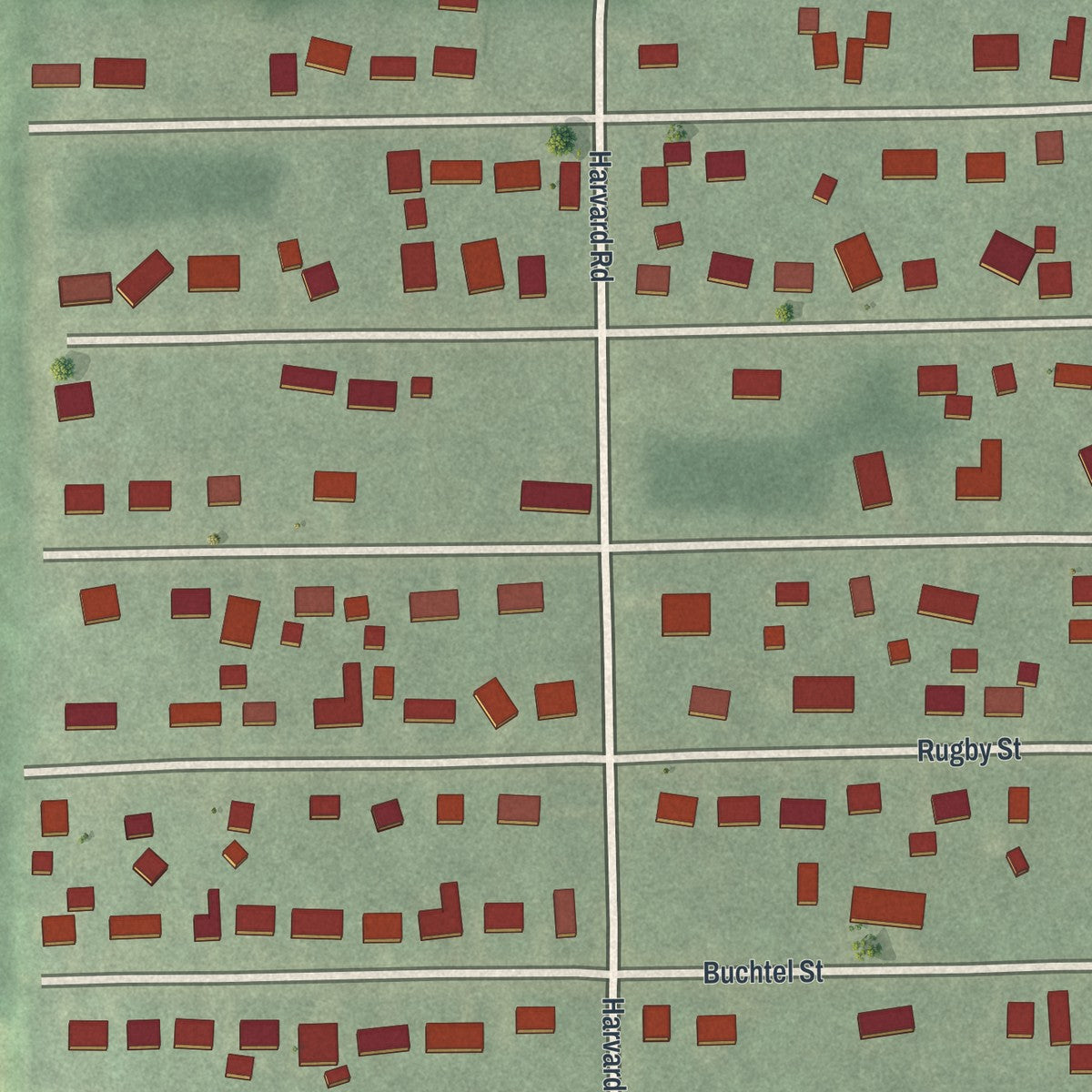Close-up of the map of Twinsburg Heights, Ohio print showing street and building detail