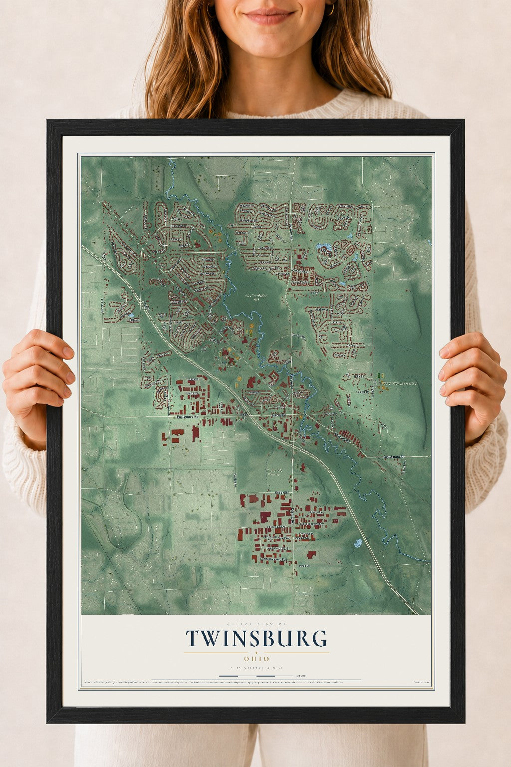 Map of Twinsburg, Ohio, 18 x 24 inch print in a black wood frame