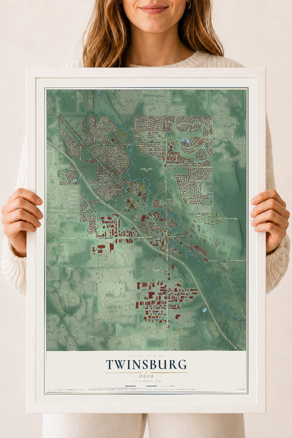Map of Twinsburg, Ohio, 18 x 24 inch print in a white wood frame