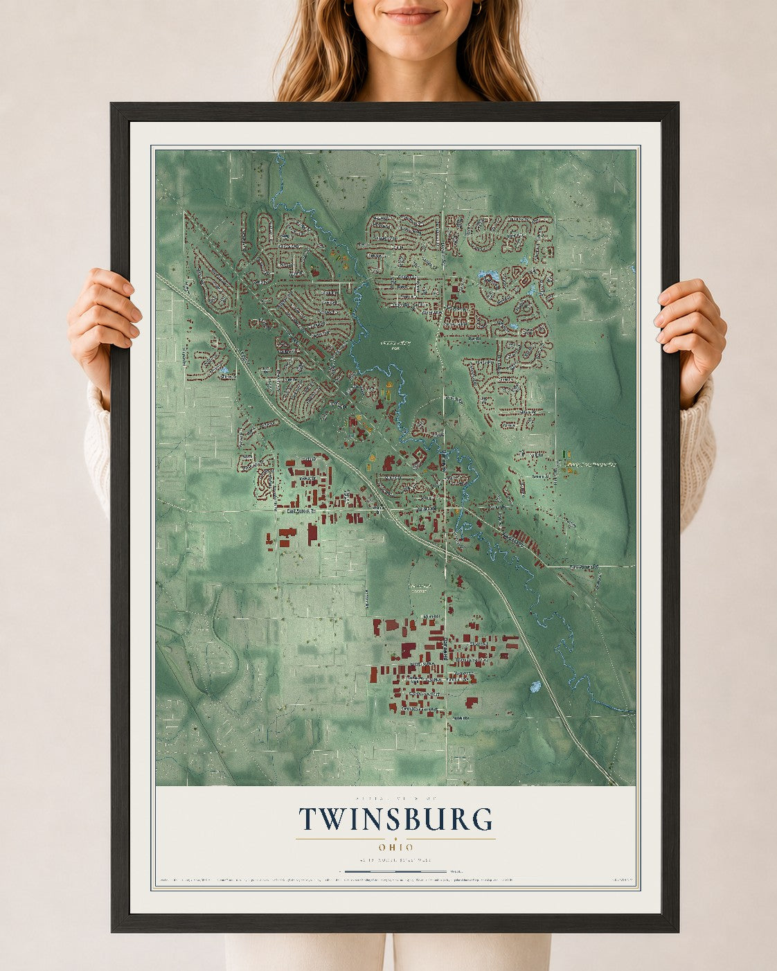 Map of Twinsburg, Ohio, 24 x 36 inch print in a black wood frame