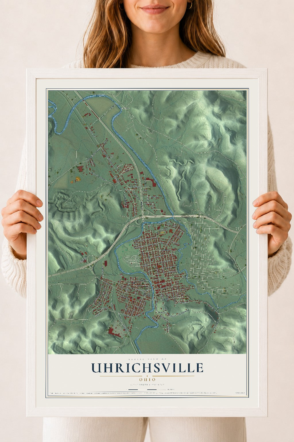 Map of Uhrichsville, Ohio, 18 x 24 inch print in a white wood frame
