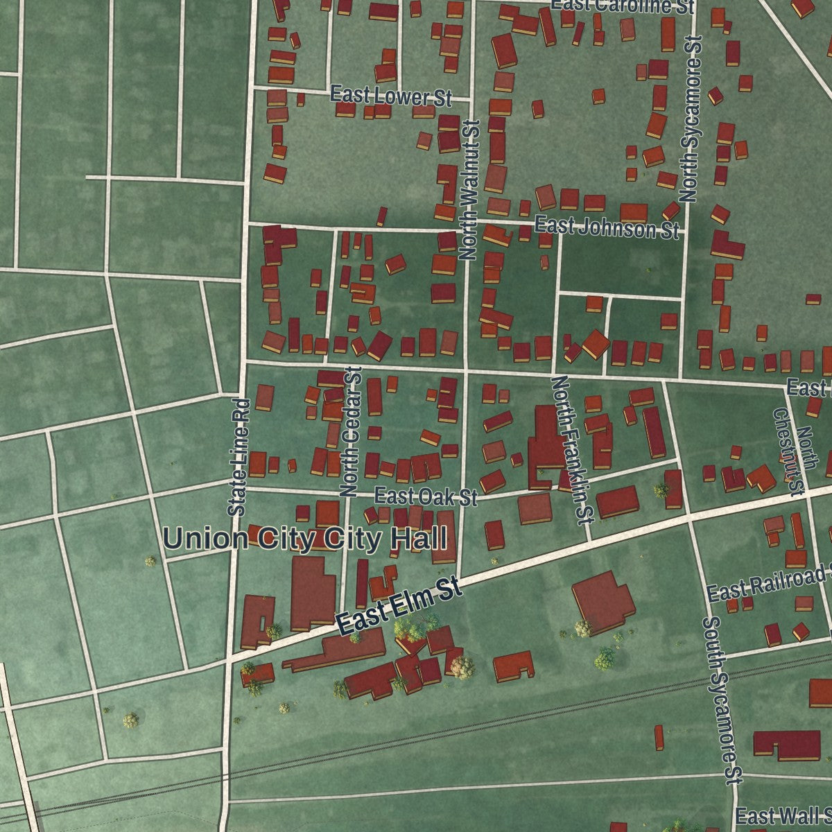 Close-up of the map of Union City, Ohio print showing street and building detail