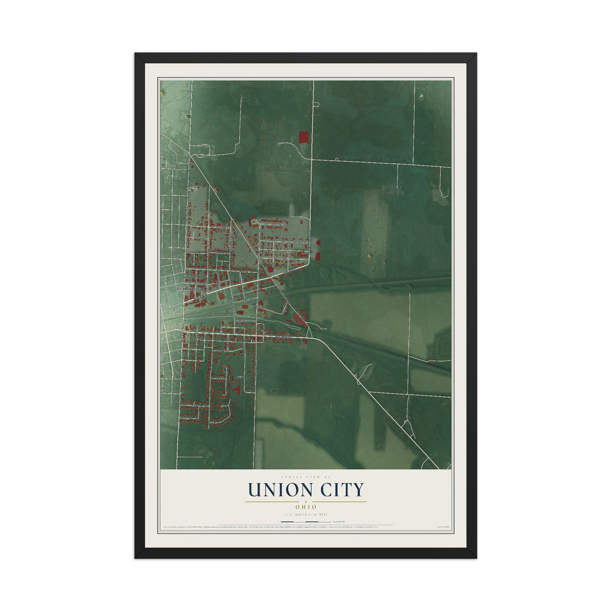 Map of Union City, Ohio, 12 x 18 inch print in a black wood frame