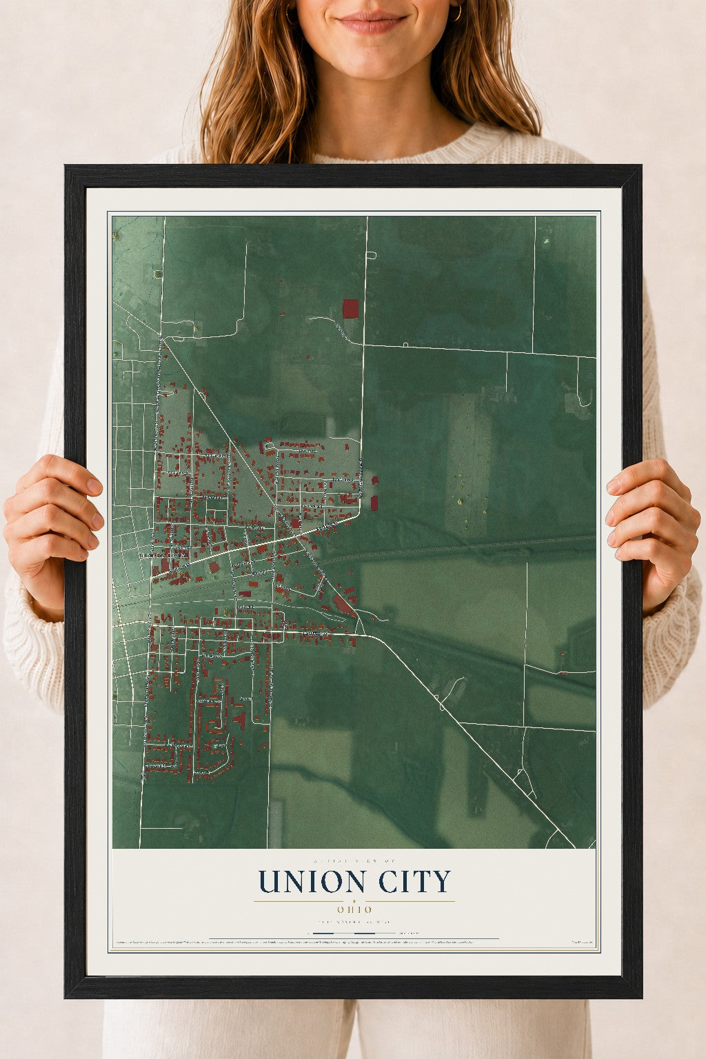 Map of Union City, Ohio, 18 x 24 inch print in a black wood frame