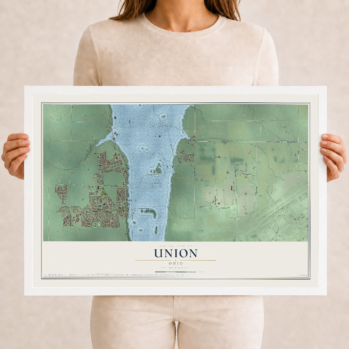 Map of Union, Ohio, 12 x 18 inch print in a white wood frame