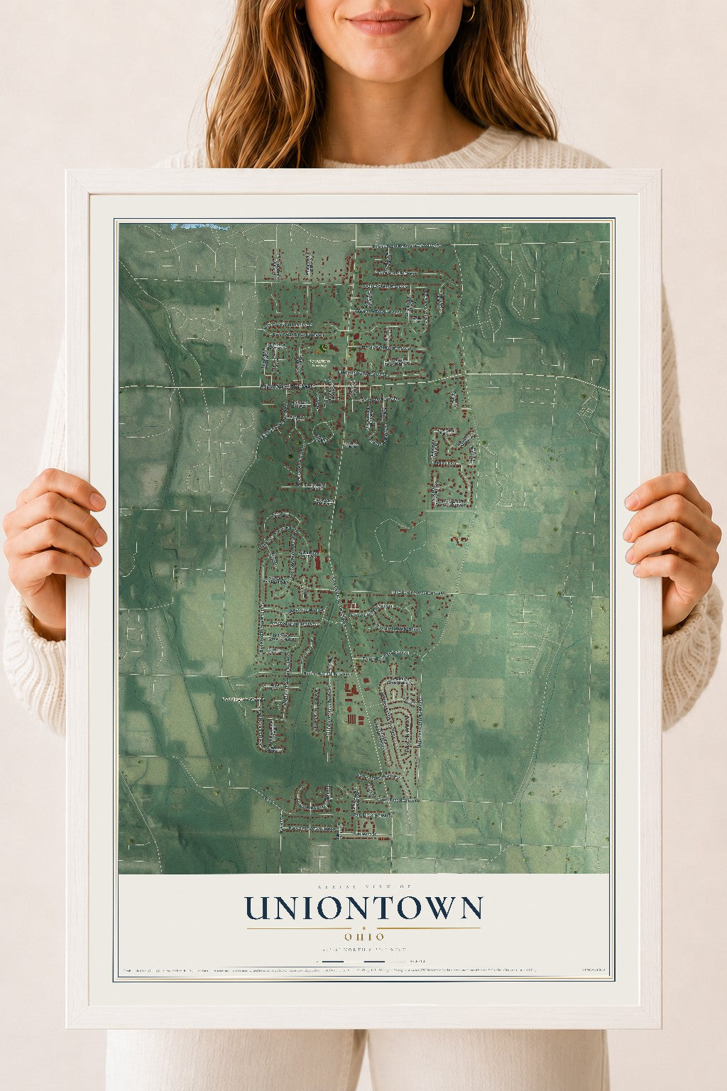 Map of Uniontown, Ohio, 18 x 24 inch print in a white wood frame