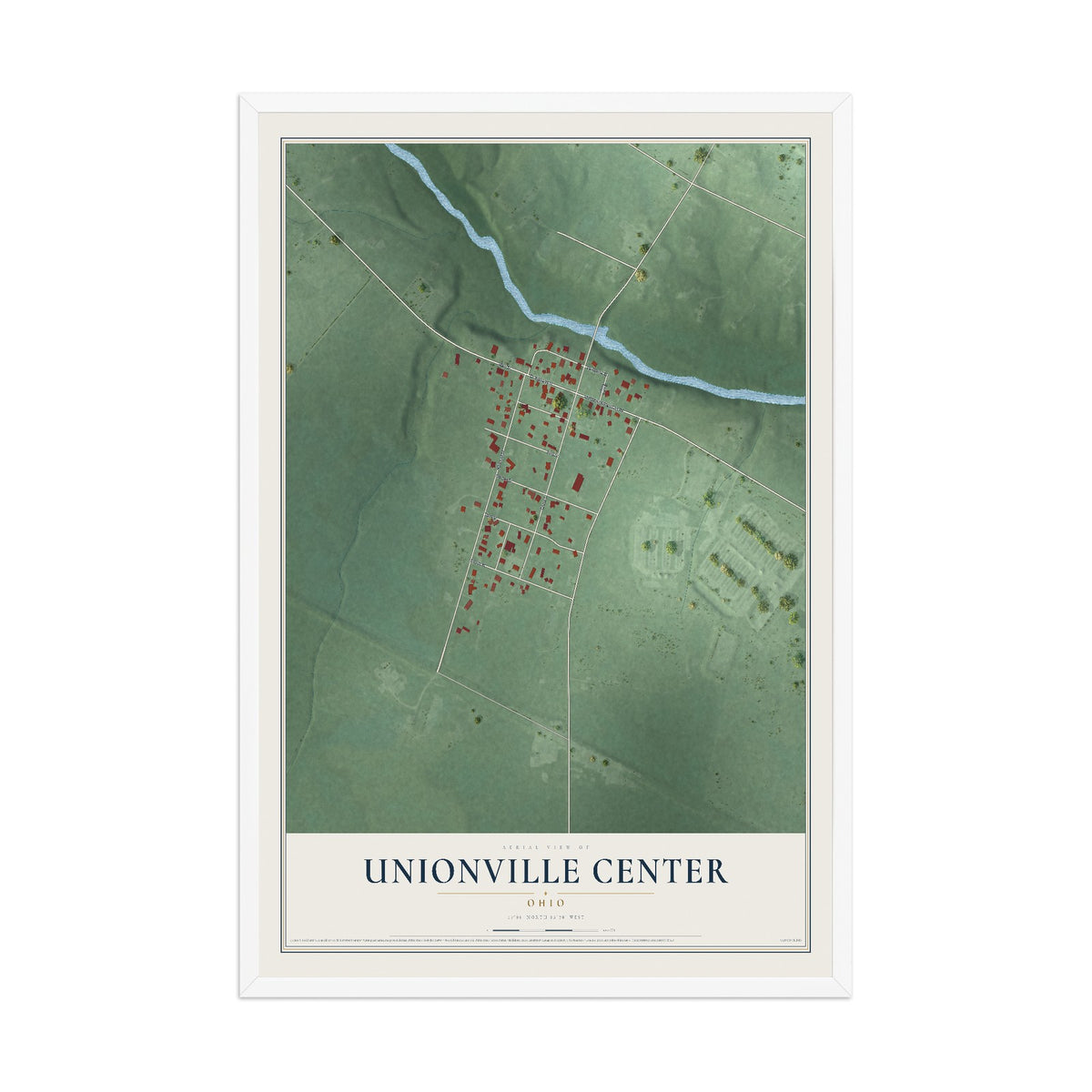 Map of Unionville Center, Ohio, 12 x 18 inch print in a white wood frame
