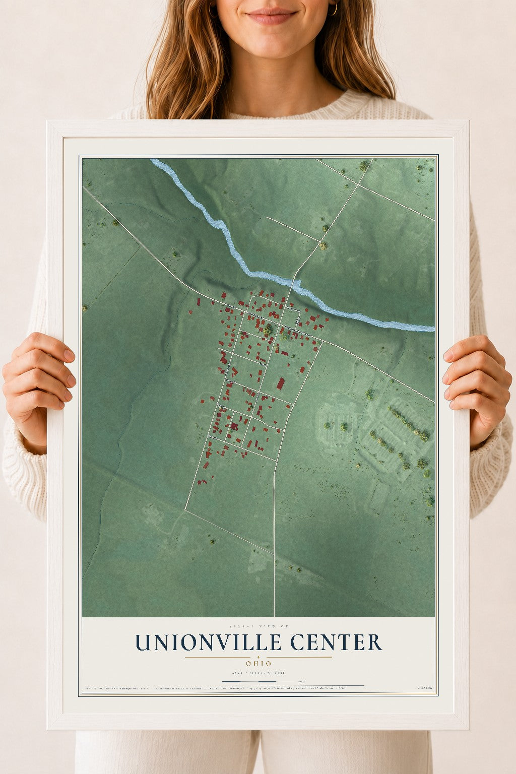 Map of Unionville Center, Ohio, 18 x 24 inch print in a white wood frame