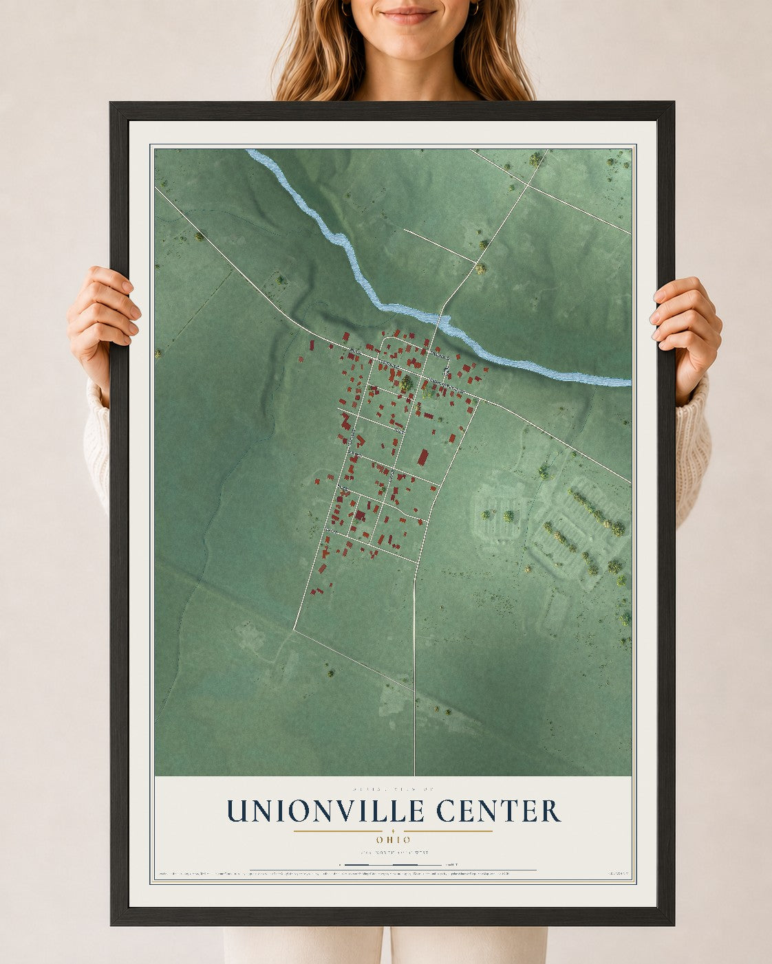 Map of Unionville Center, Ohio, 24 x 36 inch print in a black wood frame