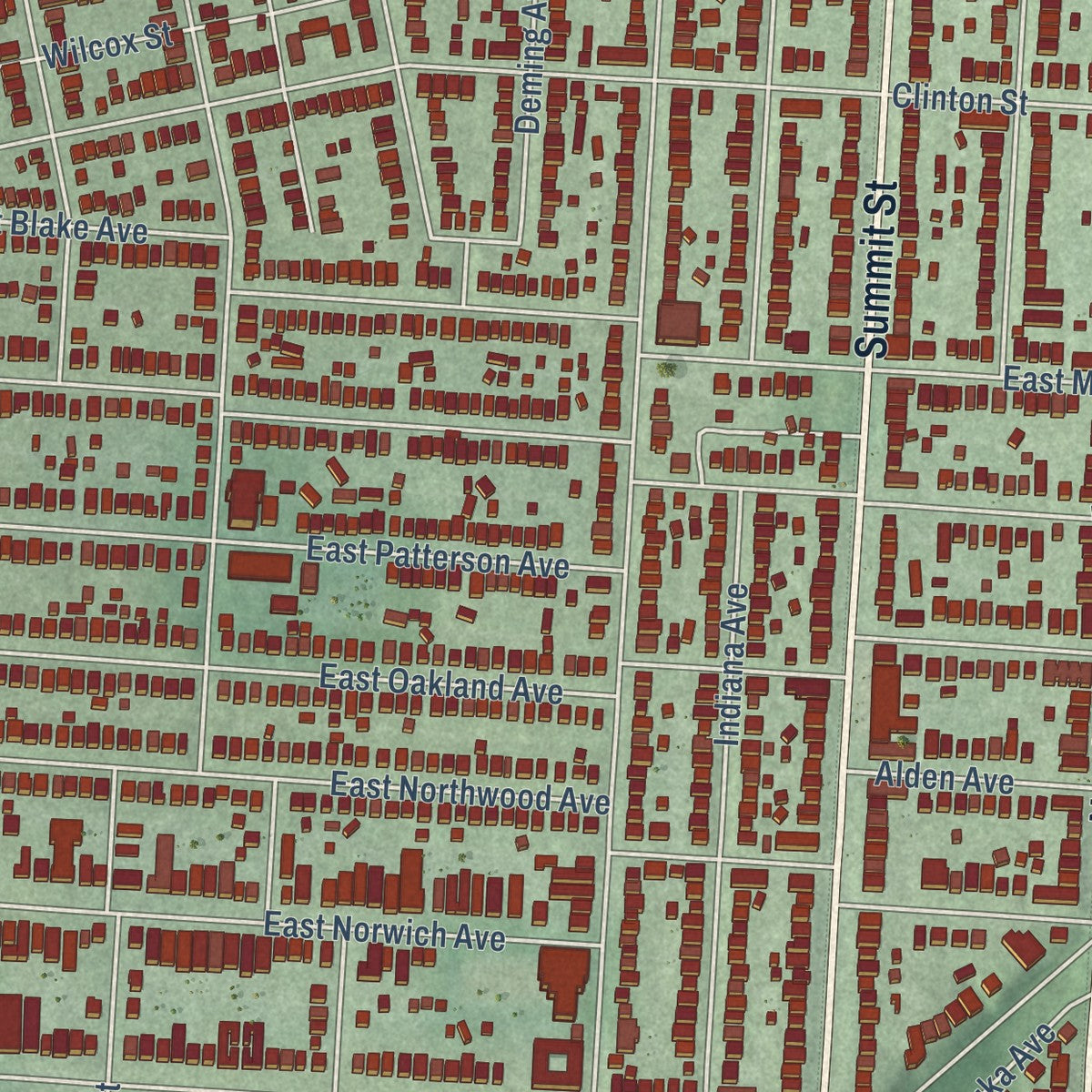 Close-up of the map of University District, Ohio print showing street and building detail