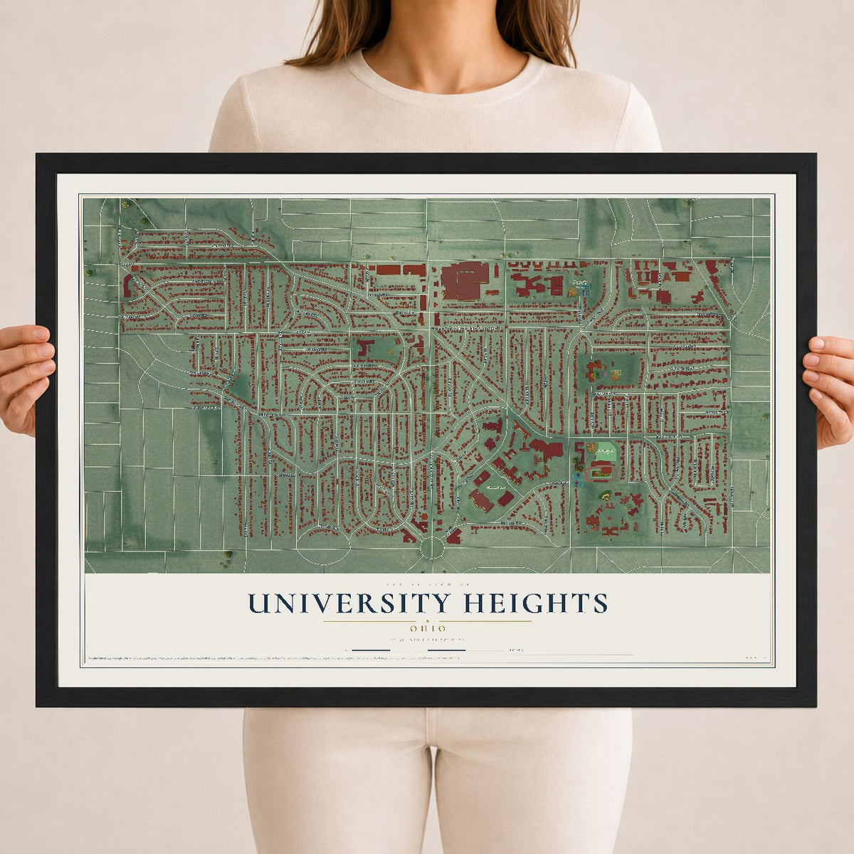 Map of University Heights, Ohio, 18 x 24 inch print in a black wood frame