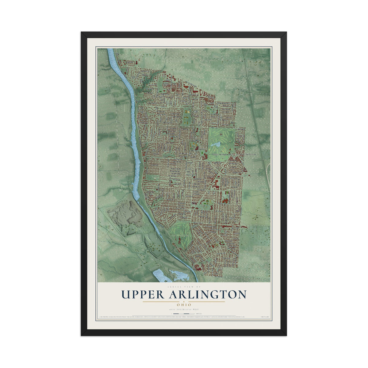 Map of Upper Arlington, Ohio, 12 x 18 inch print in a black wood frame