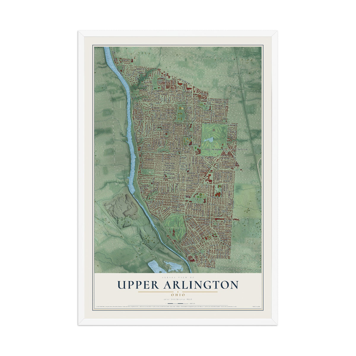 Map of Upper Arlington, Ohio, 12 x 18 inch print in a white wood frame