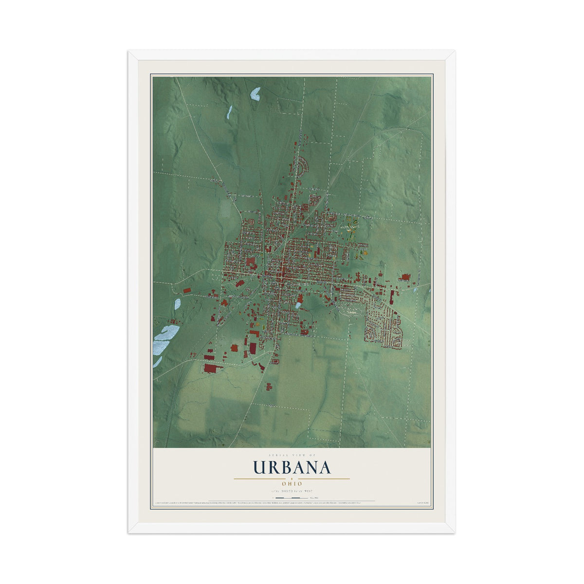 Map of Urbana, Ohio, 12 x 18 inch print in a white wood frame