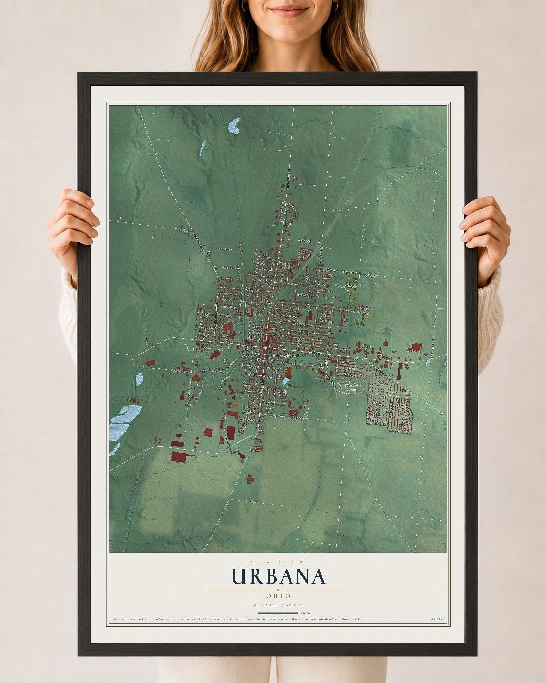 Map of Urbana, Ohio, 24 x 36 inch print in a black wood frame