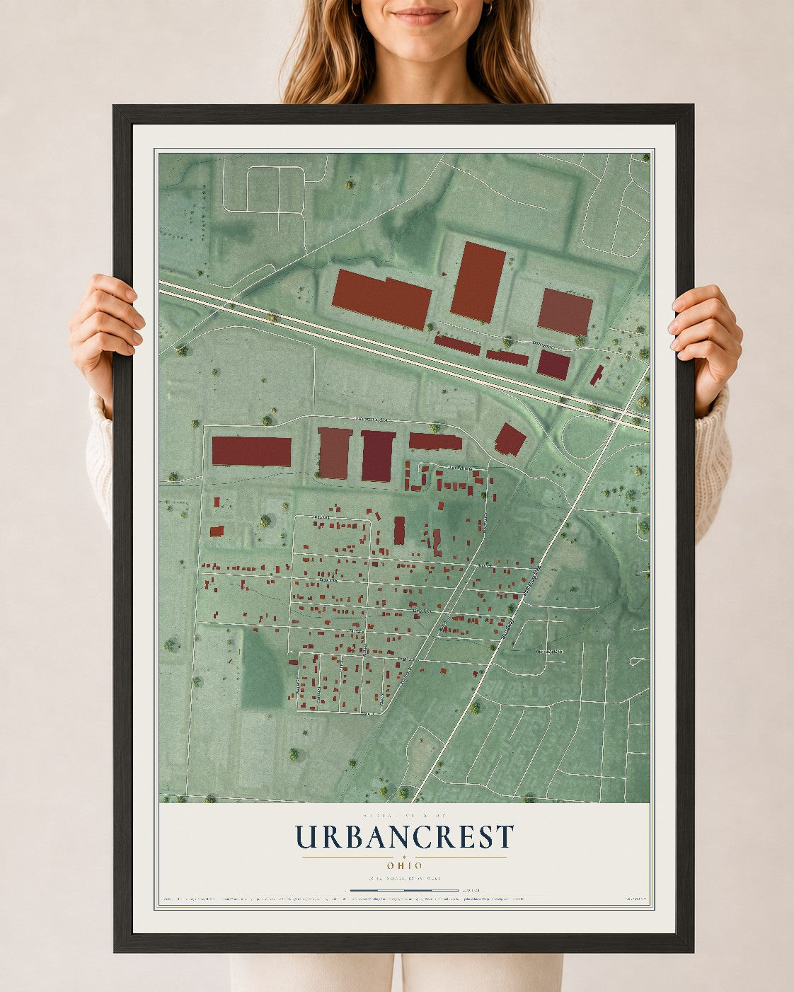 Map of Urbancrest, Ohio, 24 x 36 inch print in a black wood frame