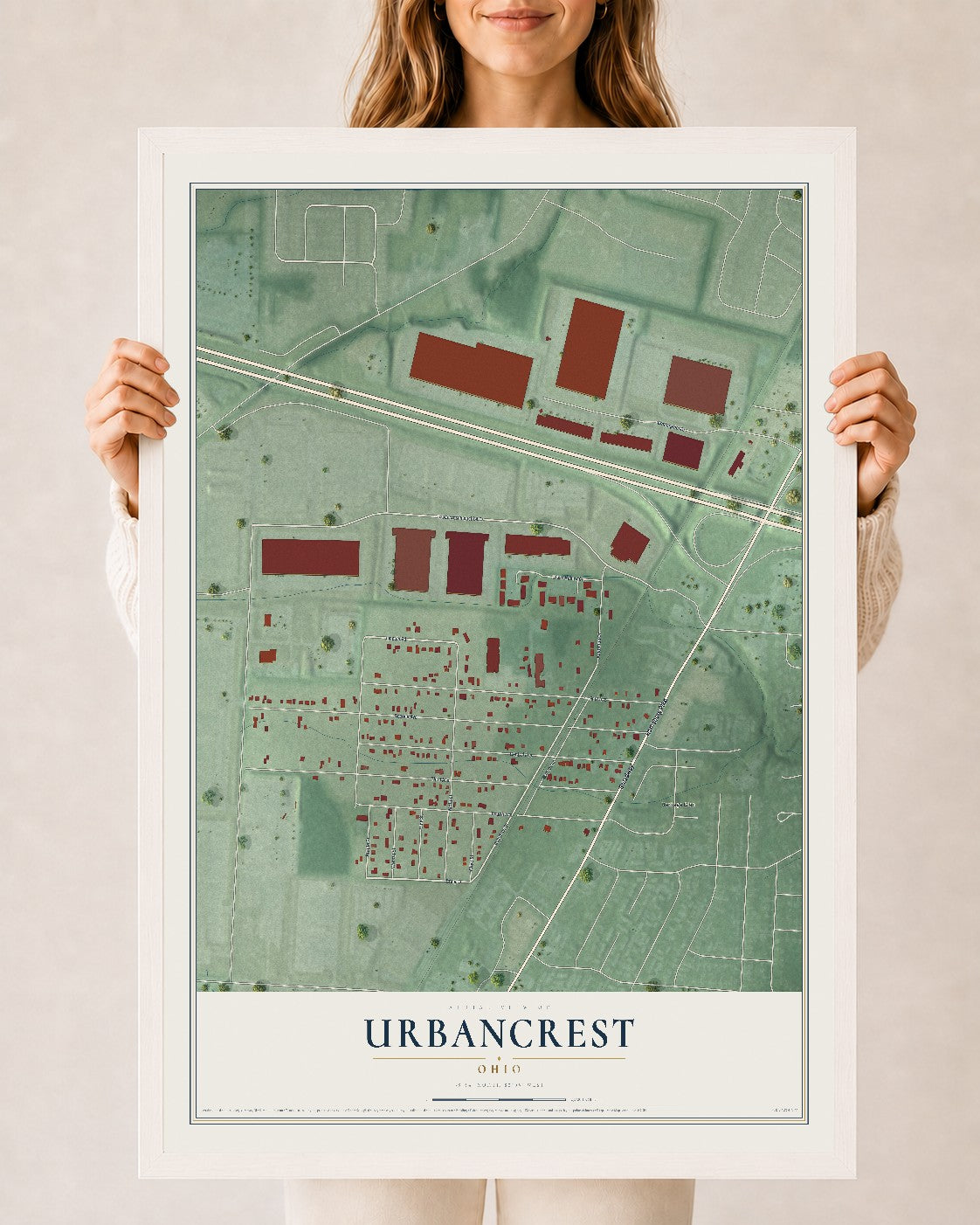 Map of Urbancrest, Ohio, 24 x 36 inch print in a white wood frame