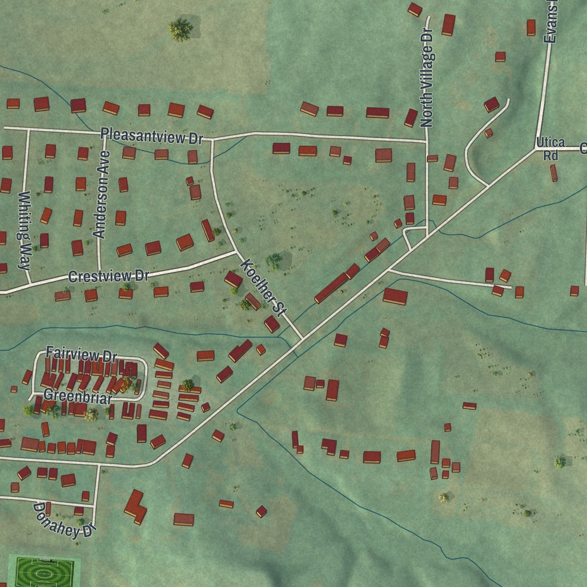 Second close-up of the map of Utica, Ohio print showing more streets and buildings