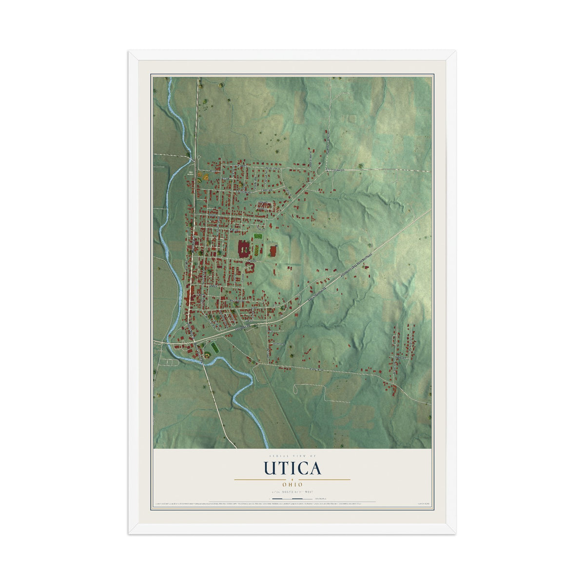 Map of Utica, Ohio, 12 x 18 inch print in a white wood frame