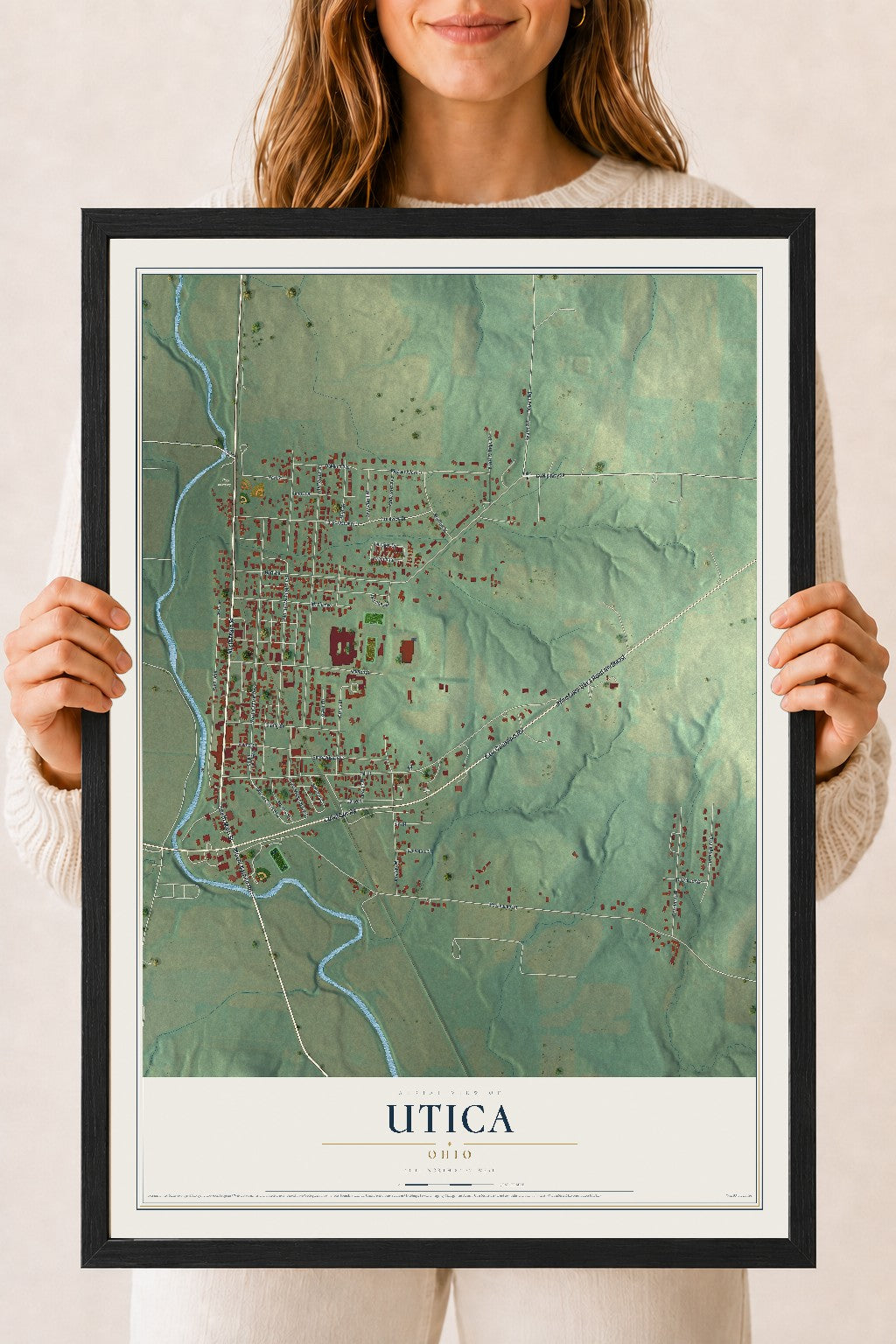 Map of Utica, Ohio, 18 x 24 inch print in a black wood frame