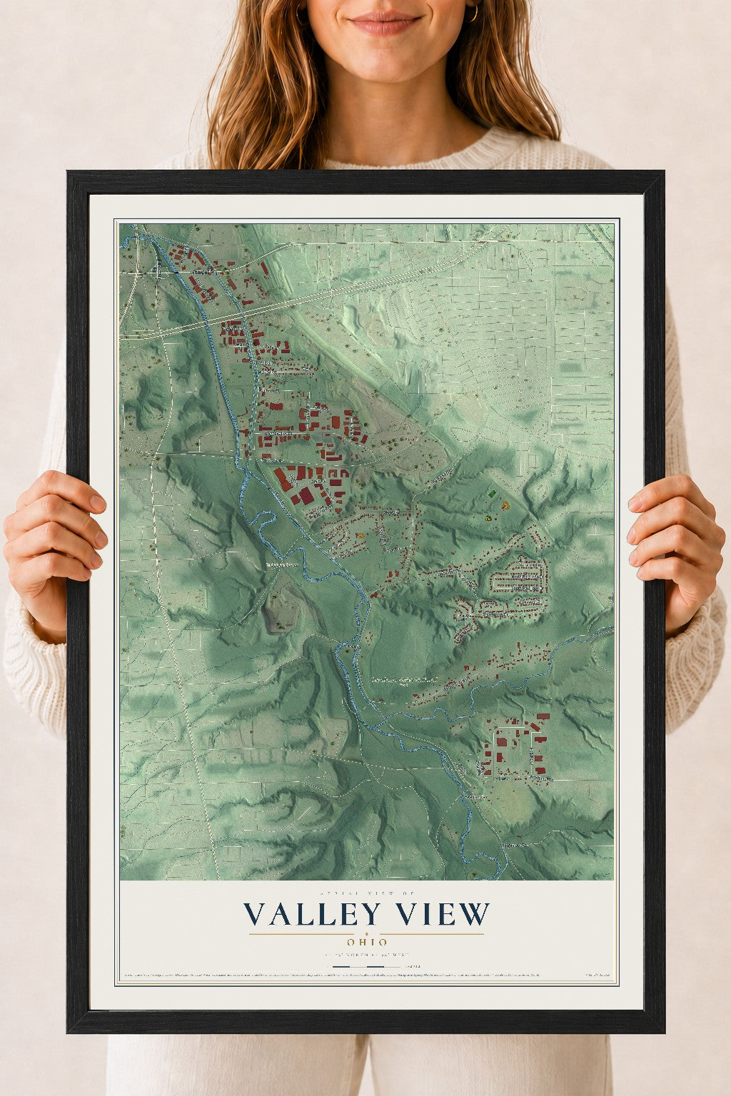 Map of Valley View, Ohio, 18 x 24 inch print in a black wood frame