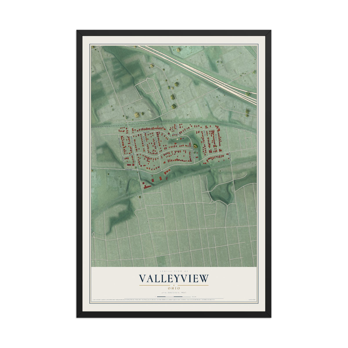 Map of Valleyview, Ohio, 12 x 18 inch print in a black wood frame