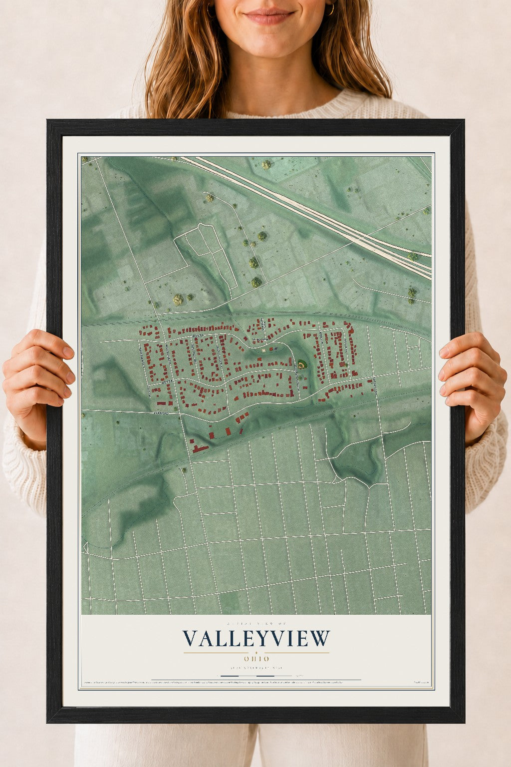 Map of Valleyview, Ohio, 18 x 24 inch print in a black wood frame
