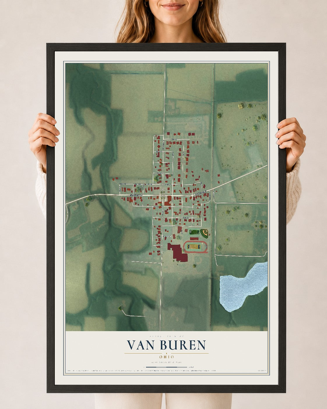 Map of Van Buren, Ohio, 24 x 36 inch print in a black wood frame