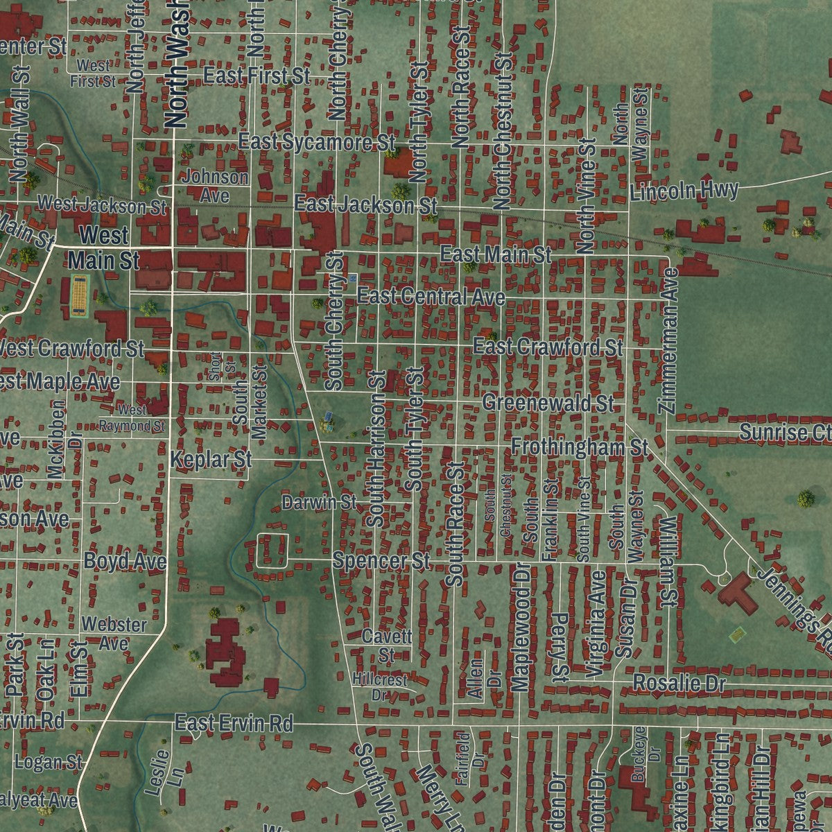 Close-up of the map of Van Wert, Ohio print showing street and building detail