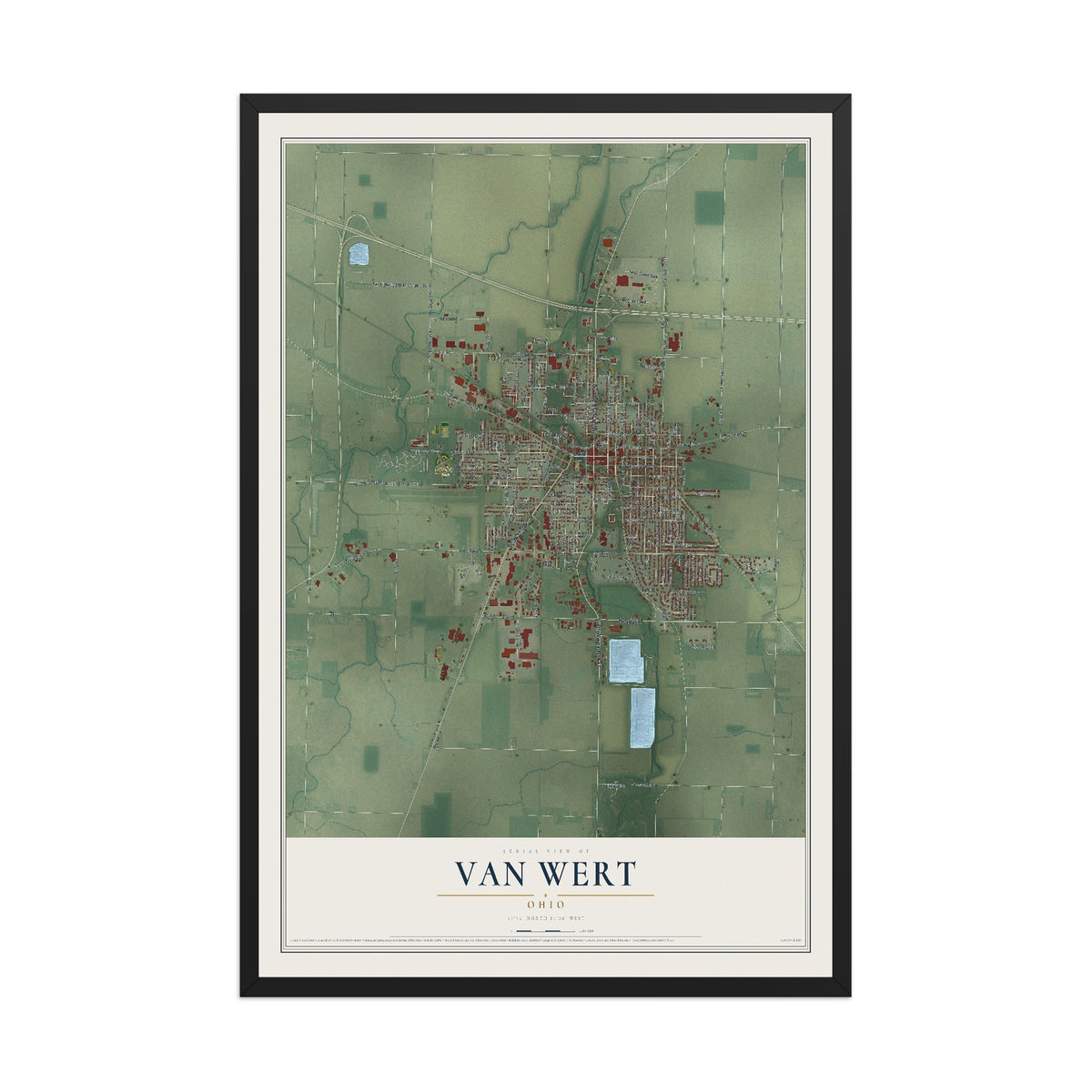 Map of Van Wert, Ohio, 12 x 18 inch print in a black wood frame