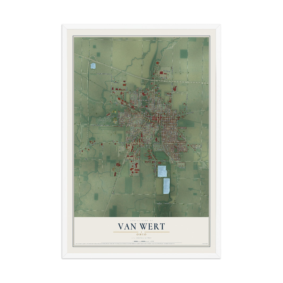 Map of Van Wert, Ohio, 12 x 18 inch print in a white wood frame