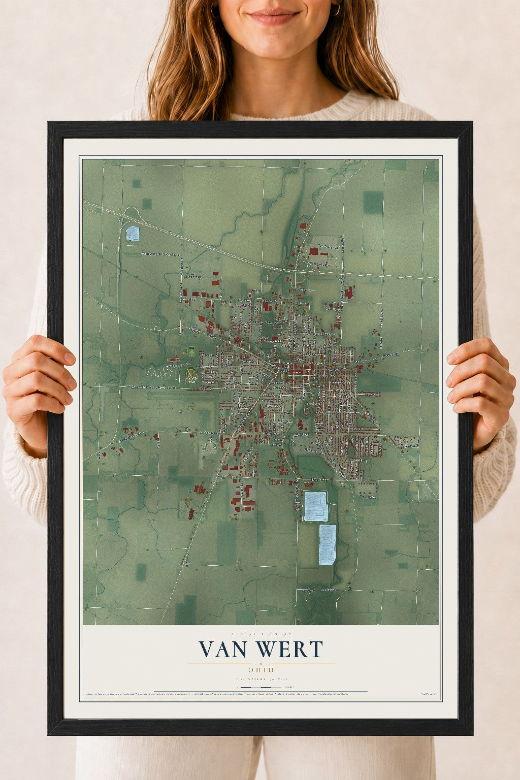 Map of Van Wert, Ohio, 18 x 24 inch print in a black wood frame