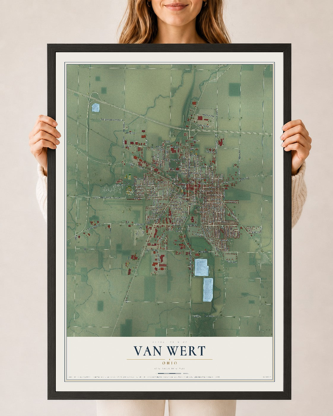 Map of Van Wert, Ohio, 24 x 36 inch print in a black wood frame