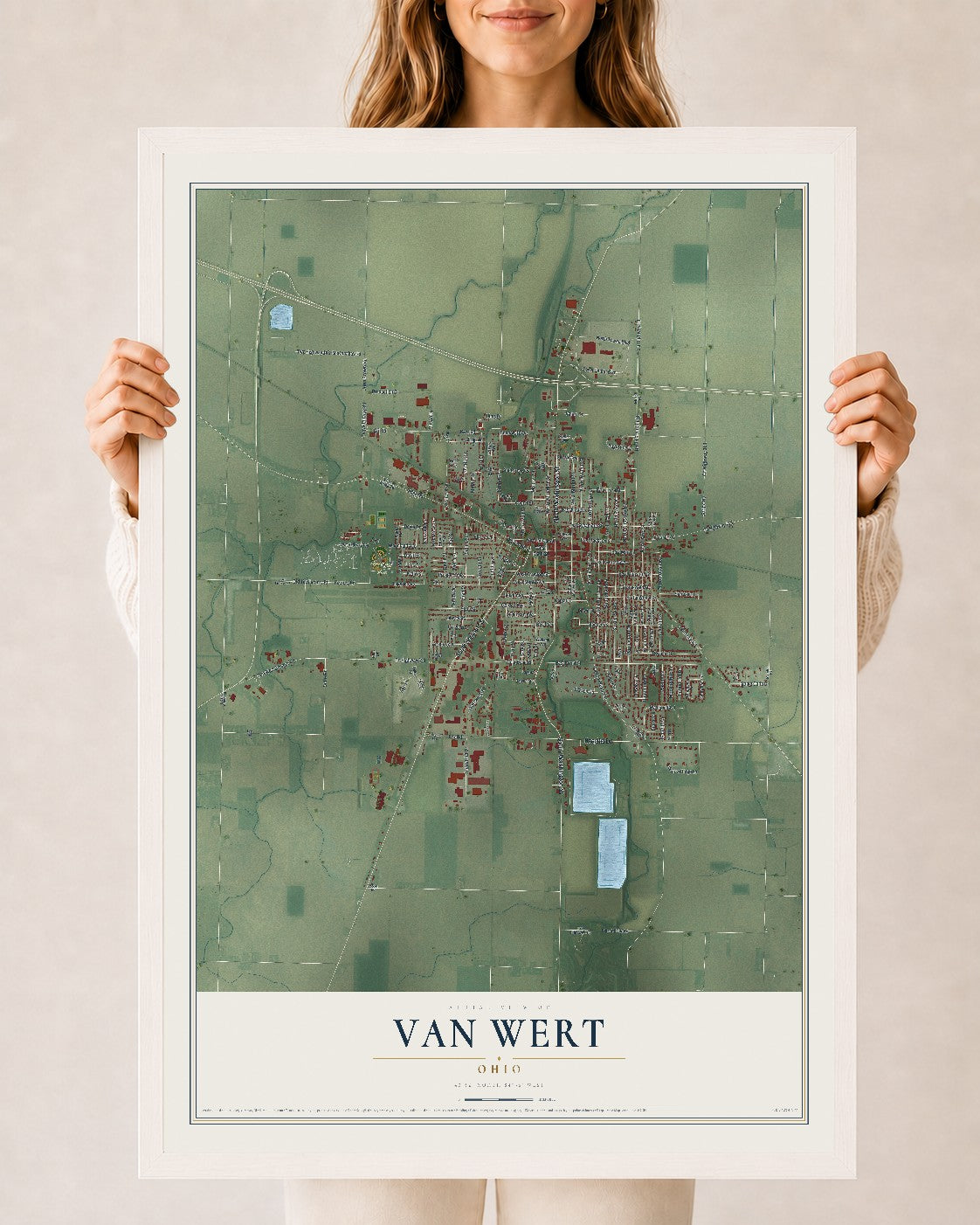 Map of Van Wert, Ohio, 24 x 36 inch print in a white wood frame