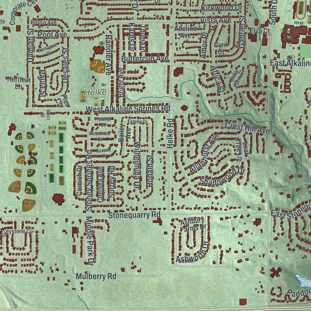 Close-up of the map of Vandalia, Ohio print showing street and building detail