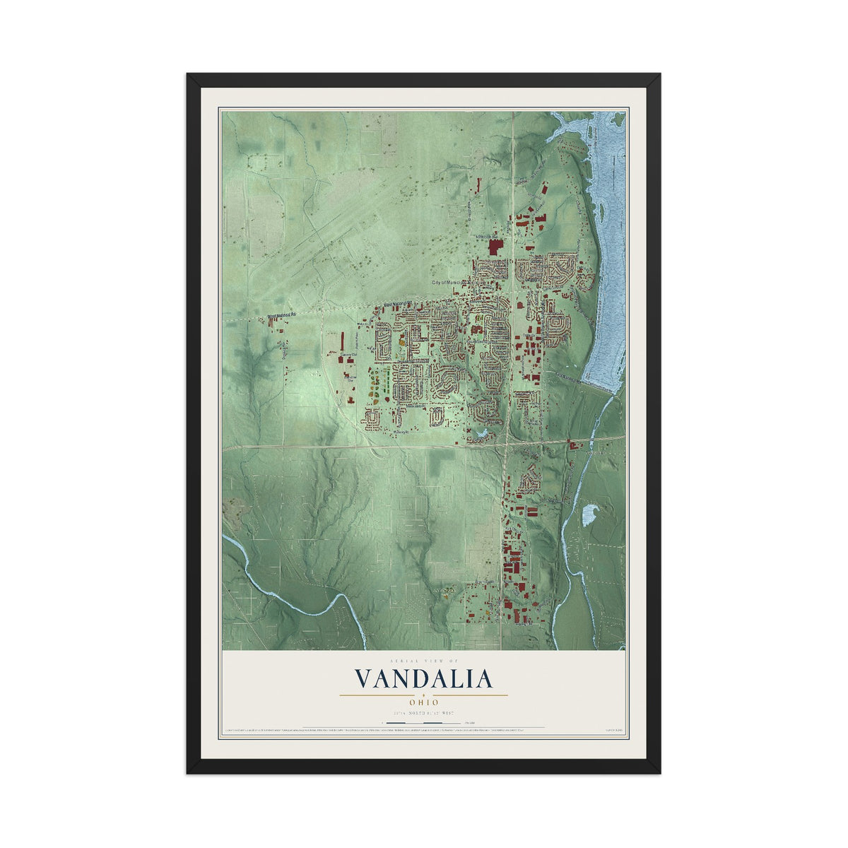 Map of Vandalia, Ohio, 12 x 18 inch print in a black wood frame