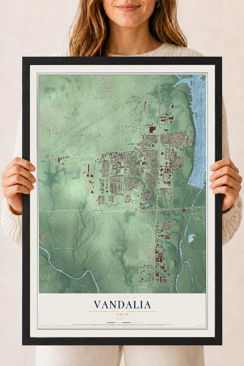 Map of Vandalia, Ohio, 18 x 24 inch print in a black wood frame