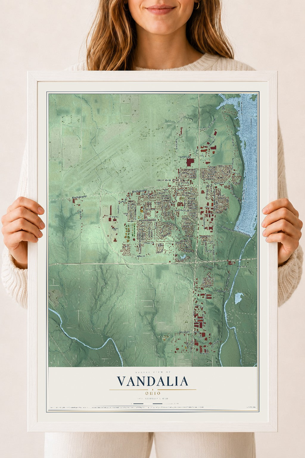 Map of Vandalia, Ohio, 18 x 24 inch print in a white wood frame