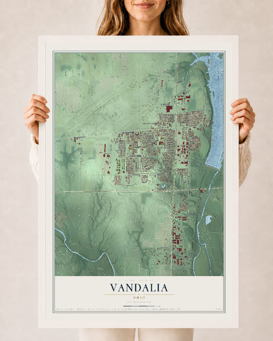 Map of Vandalia, Ohio, 24 x 36 inch print in a white wood frame