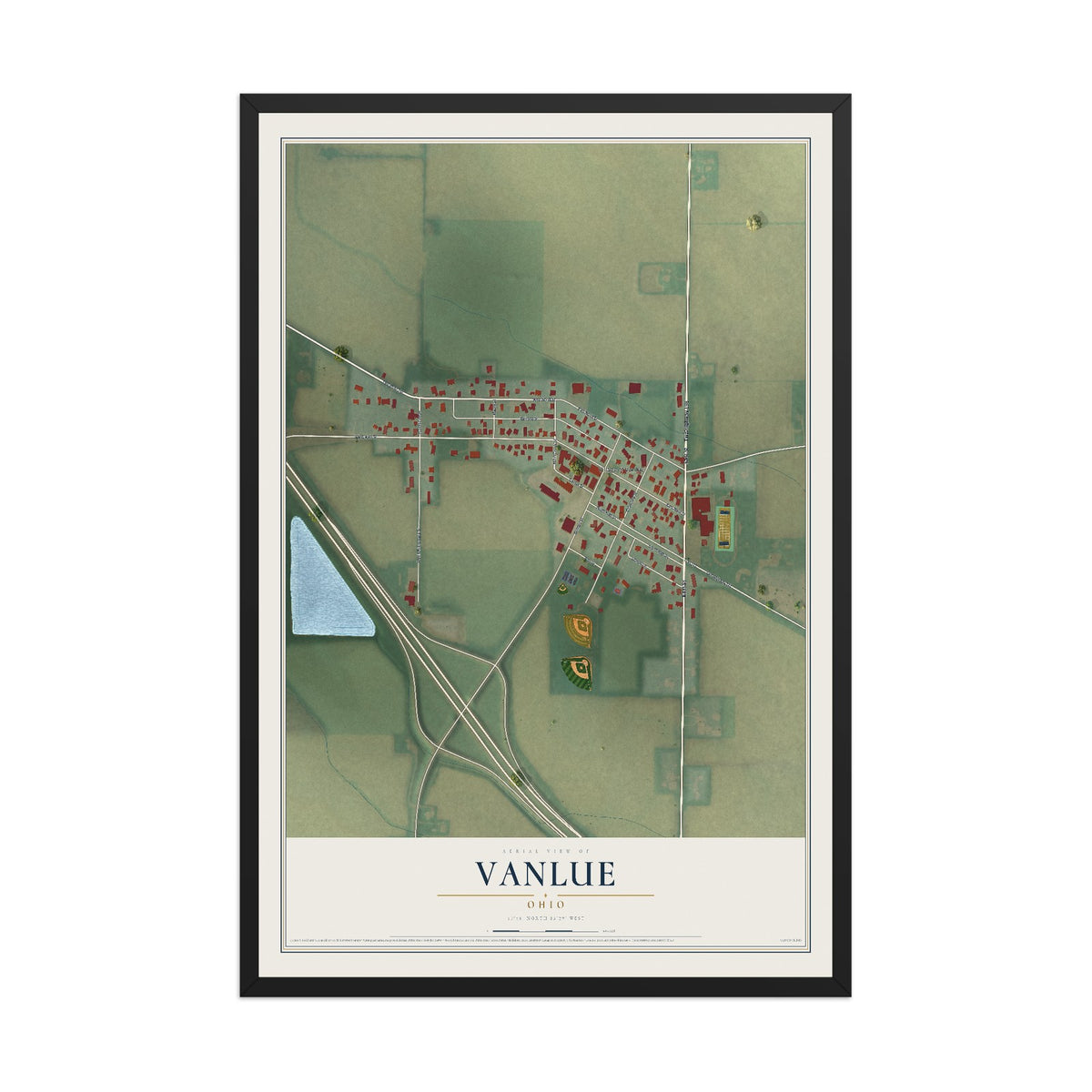 Map of Vanlue, Ohio, 12 x 18 inch print in a black wood frame