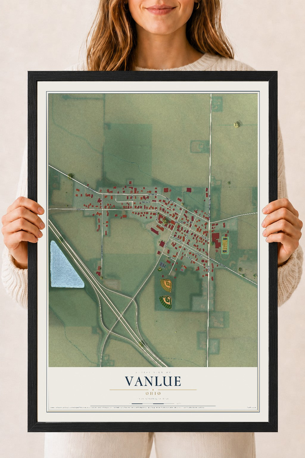 Map of Vanlue, Ohio, 18 x 24 inch print in a black wood frame