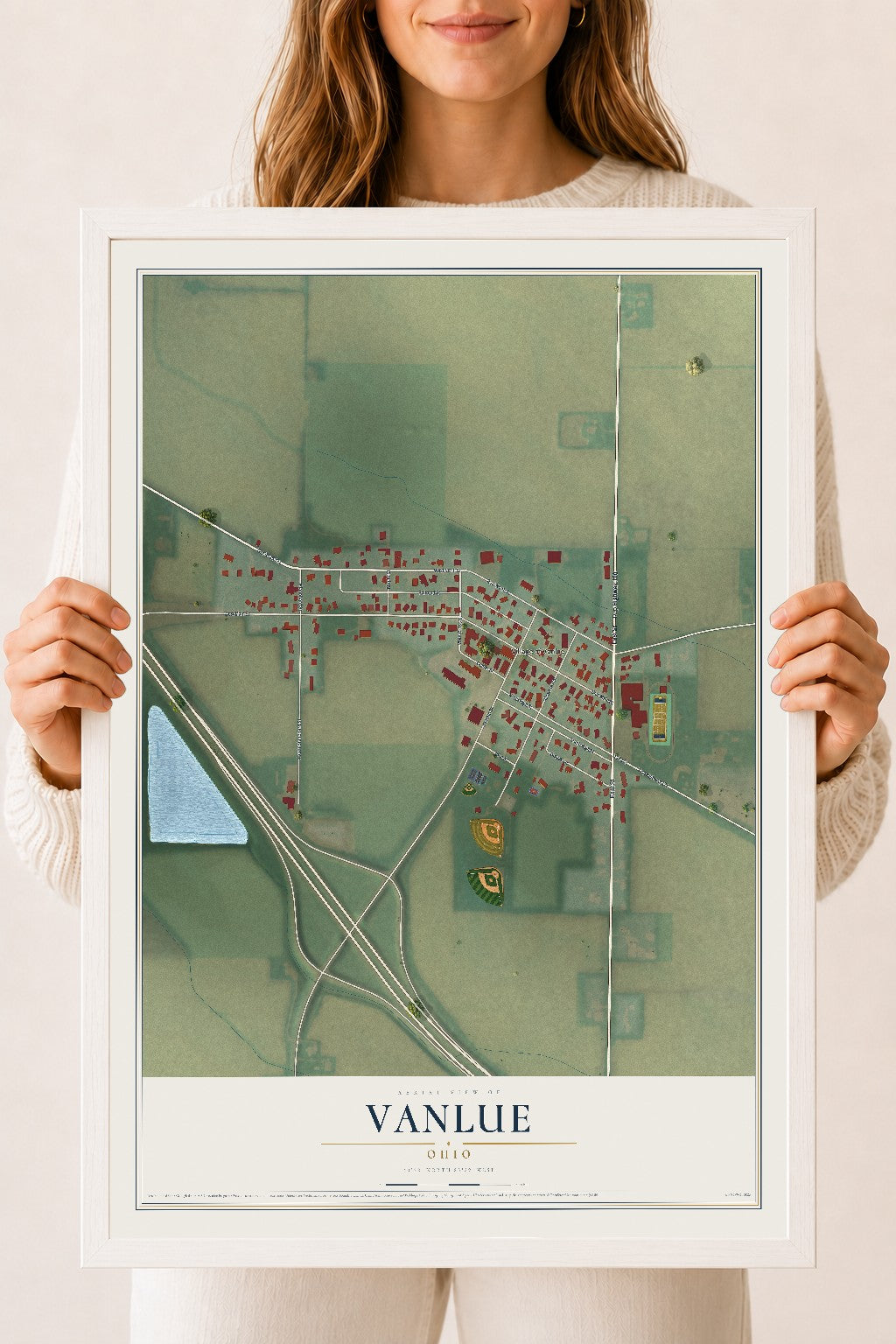 Map of Vanlue, Ohio, 18 x 24 inch print in a white wood frame