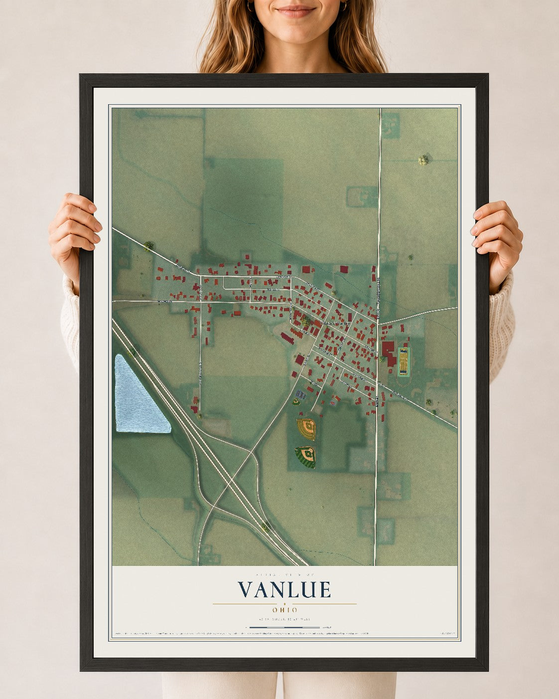Map of Vanlue, Ohio, 24 x 36 inch print in a black wood frame