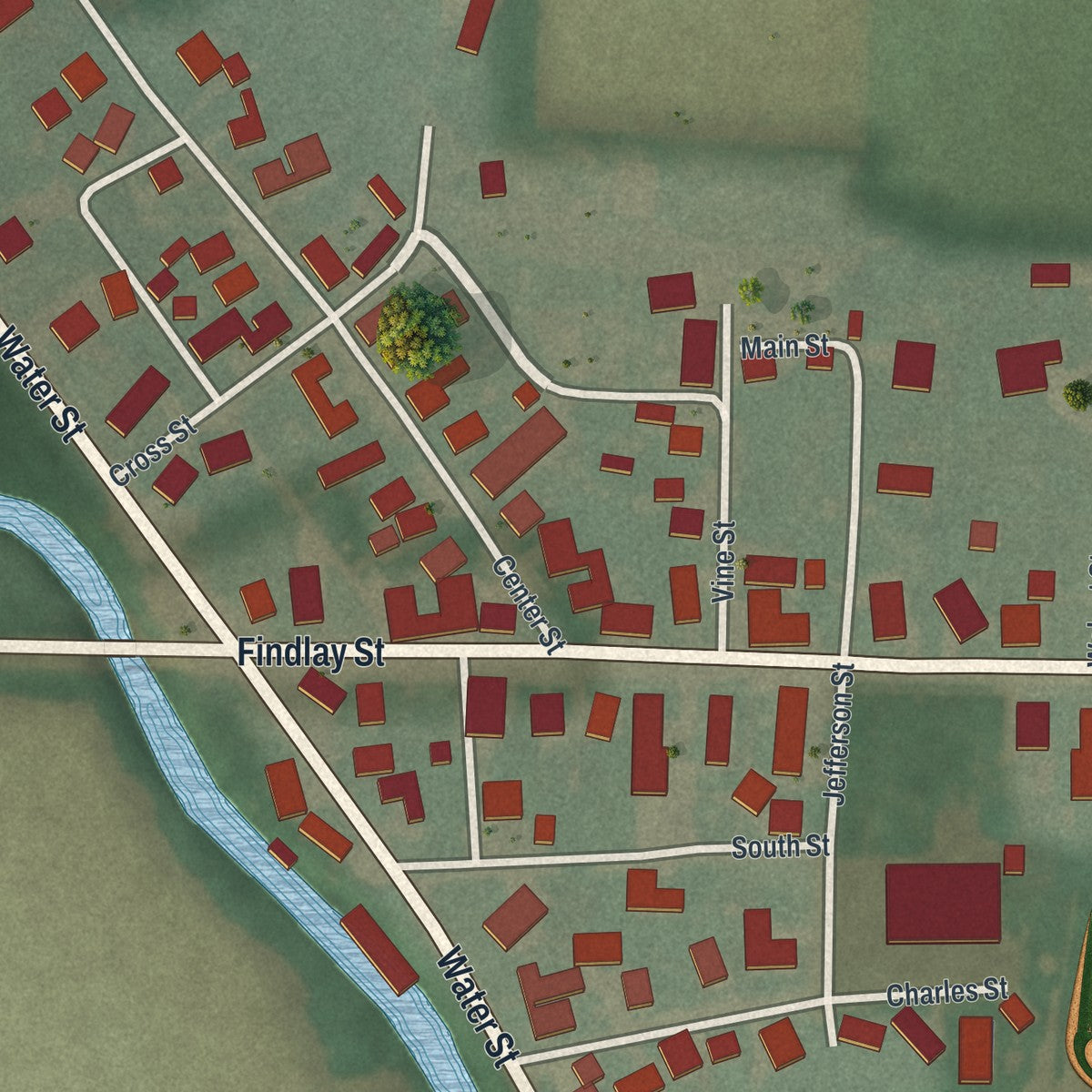 Close-up of the map of Vaughnsville, Ohio print showing street and building detail