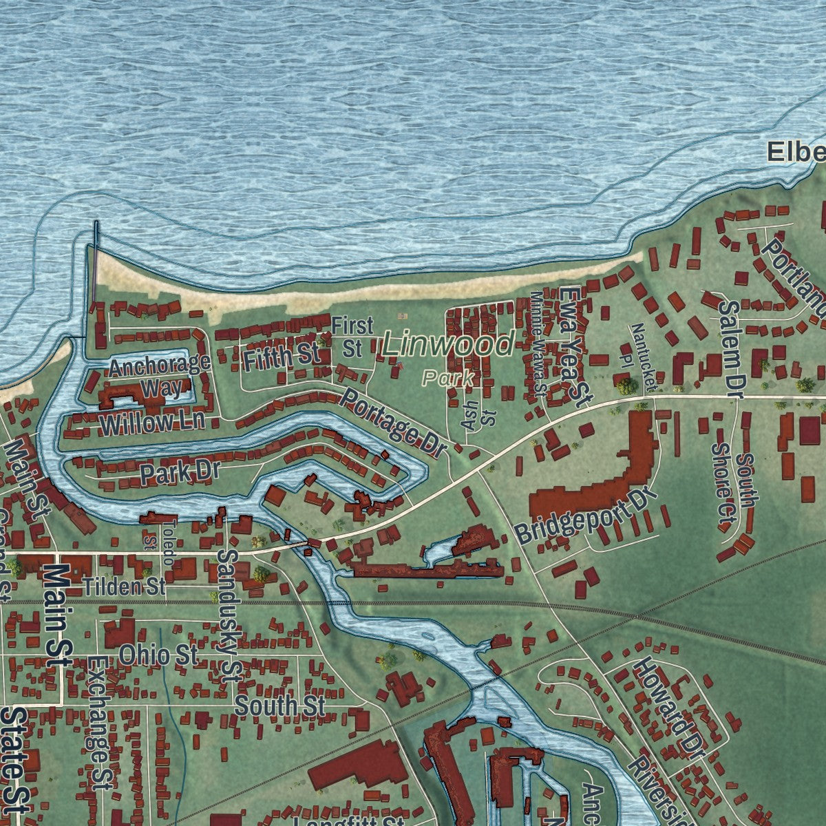 Close-up of the map of Vermilion, Ohio print showing street and building detail
