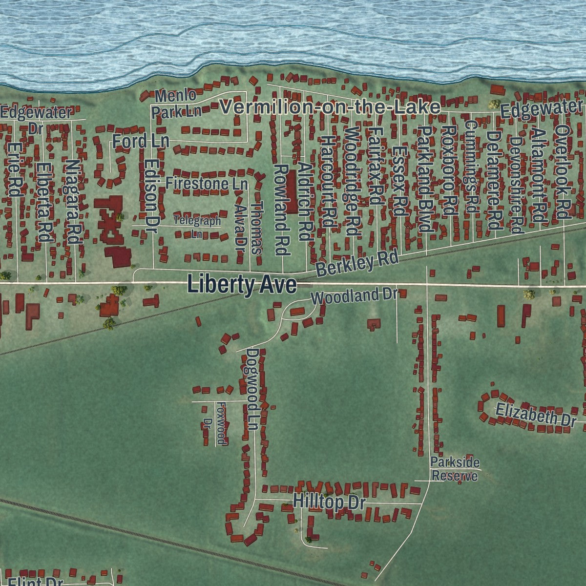 Second close-up of the map of Vermilion, Ohio print showing more streets and buildings
